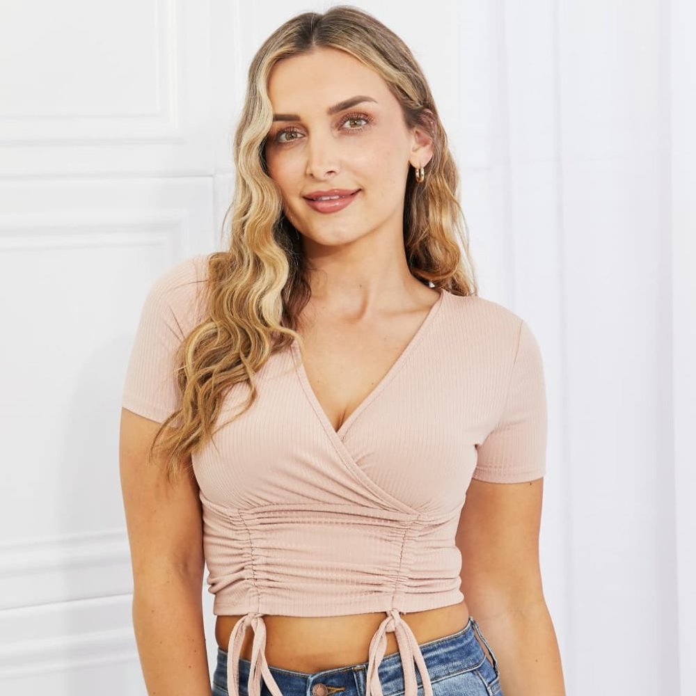Back To Simple Full Size Ribbed Front Scrunched Top in Blush